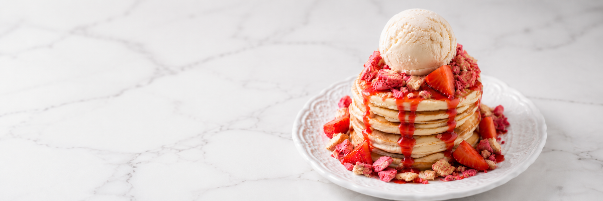 Strawberry & Vanilla Macaron Pancakes with Ice Cream