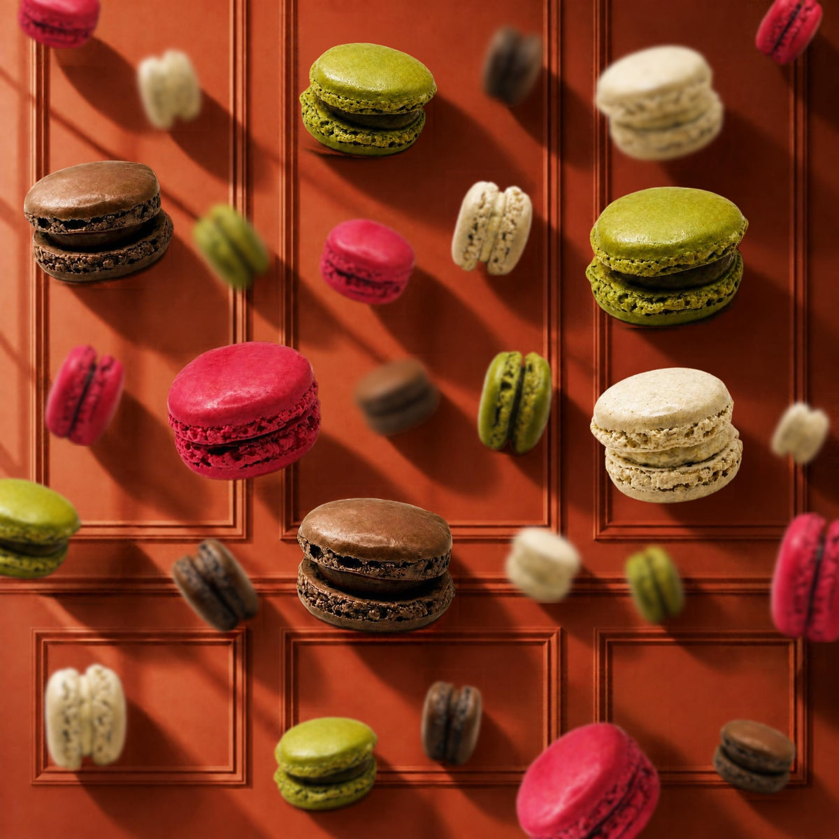 Vanilla, chocolate, raspberry and pistachio French macarons falling against a terracotta wall