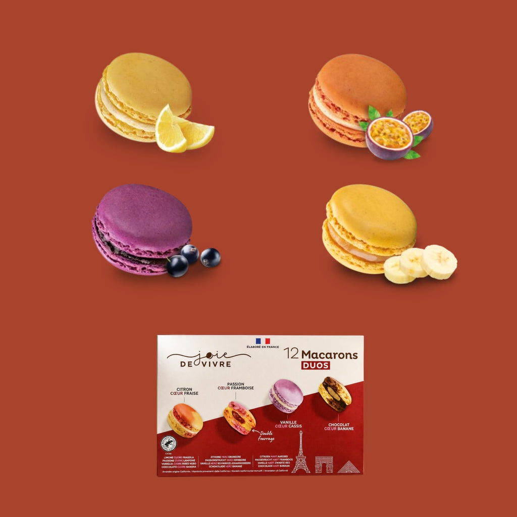 Joie de Vivre 12 Macarons Duos – lemon, passion fruit, blackcurrant, banana flavours